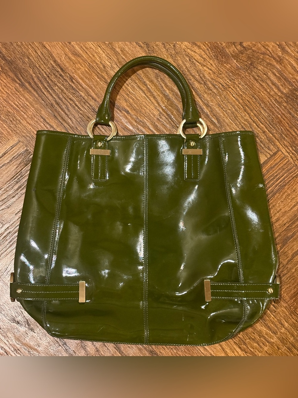 VTG Nordstrom Olive Green Patent Leather Large Tote Shoulder Bag Purse Y2K